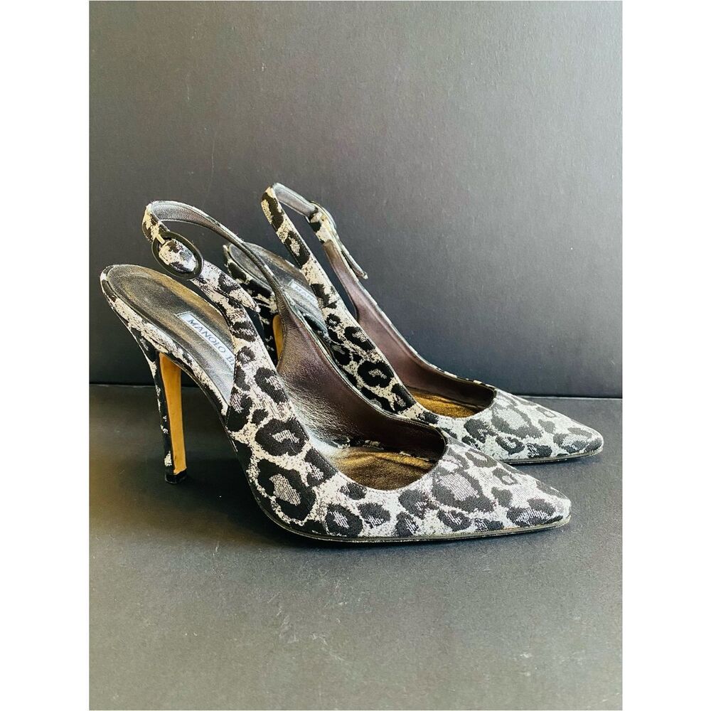 MANOLO BLAHNIK Canvas & Leather “Carolyn” Animal Print Slingback Pumps